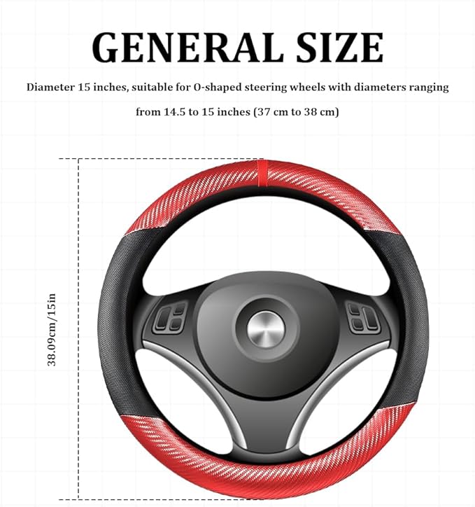 Car Steering Wheel Cover, Steering Wheel Accessories, 15 Inch Microfiber Leather Carbon Fiber Soft Anti-Slip Breathable, Car Accessories Elastic Non-Slip Cover for Most Vehicles (Red)