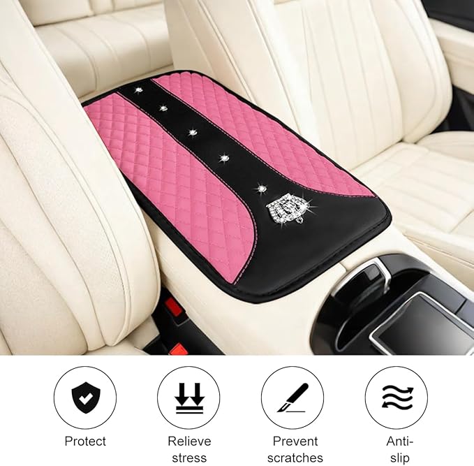 Bling Car Center Console Cover, Crown Crystal Rhinestones Vehicle Armrest Mat Protector, Anti Slip Sparkling Automotive Arm Rest Seat Box Cushion Pad Decor Accessories, Universal Fit (Pink)