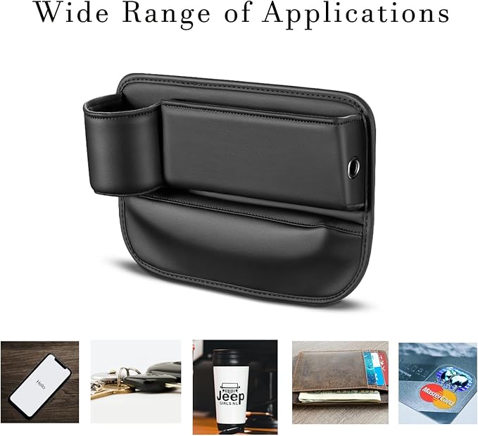 Car Seat Gap Filler with Cup Holder Multi Functional Leather Organizer for Vehicles Universal Storage Box for Drivers Side Car Seat Bags for Phones Glasses Keys Cards Ideal for Men and Women (Black)