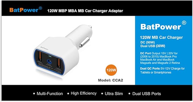BatPower CCA2 120W Laptop Car Charger - Magnetic Design, DC 12V-24V - Compatible with MacBook Pro/Air (M1/M2) & Other Devices
