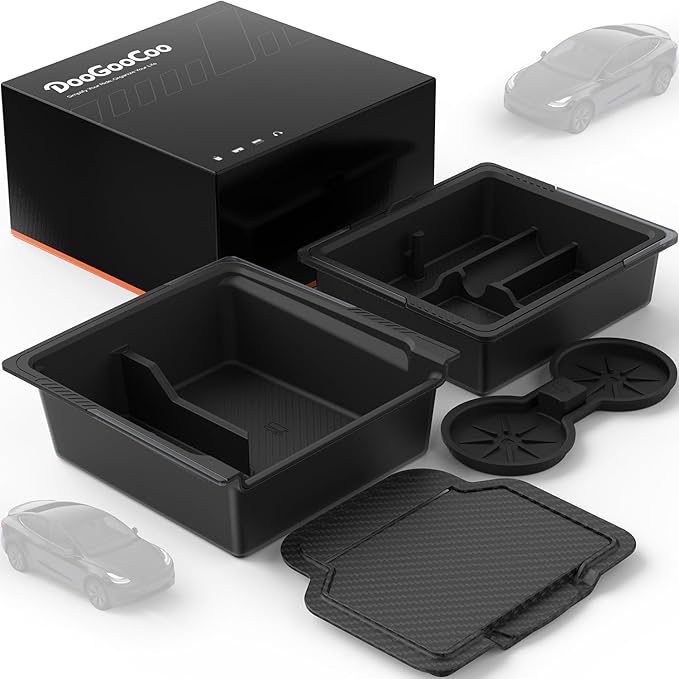 Center Console Organizer for Tesla New Model Y Juniper 2025-2026/Model 3 2024-2026 [2-Layer Design, Easy Slide] Keep Console Clutter-Free Custom Fit for Model 3 & Juniper Model Y Accessories, 4PC
