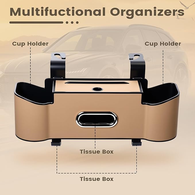 LemonRoad 2 Pack Multifunctional Car Seat Back Storage Box Car Seat Back Organizer with Tissue Box, 2 Cup Holders and Hooks for Hold Phone, Drinks, Handbag, Fits for Most Vehicles (Beige)