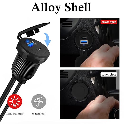 BATIGE Type C 3.0 USB 3.0 Alloy Shell Car Mount Flush USB Port Cable Male to Female, Car Truck Boat Motorcycle Dashboard Panel Extension Cable LED Indicator - 3ft