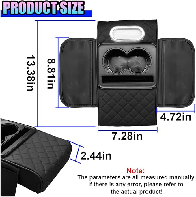 Leather Car Center Console Cover, Universal Automotive Armrest Booster Cushion, Vehicle Middle Console Organizer with 2 Cup Holders, Side Storage Bag, Tissue Box & Phone Slot(Black)