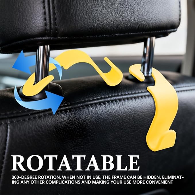 4PCS Car Seat Headrest Hooks, Purse Hook for Car, Auto Back Seat Organizer Storage Hanger Holder, Auto Accessories Multi-Use Portable Headrest Organizer Holder for Purse Handbag Coats (Yellow)