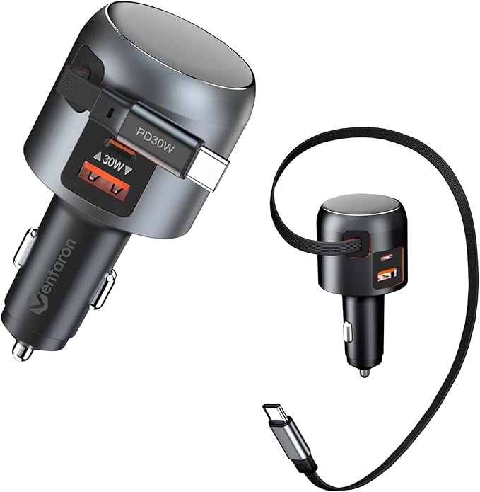 60W Retractable Car Charger, 3-in-1 USB-C Fast Charging Cigarette Lighter Adapter with Built-in Retractable Cable, Compatible with iPhone 16/15 Pro Max, Galaxy S25, iPad(Black)