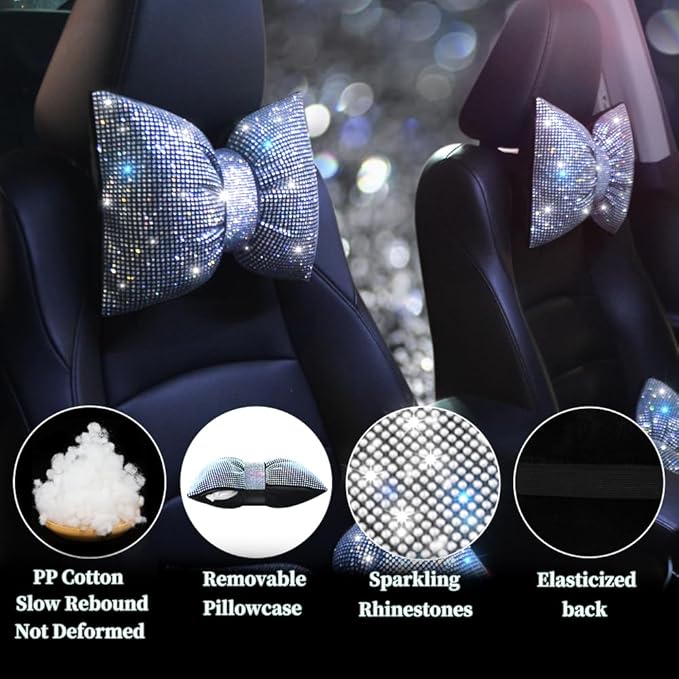 Car Neck Pillows Bowknot Car Headrest Cushion Crystal Rhinestone Diamond Bling Accessories for Women Driving Comfort Neck Support Pillow White 2Pcs
