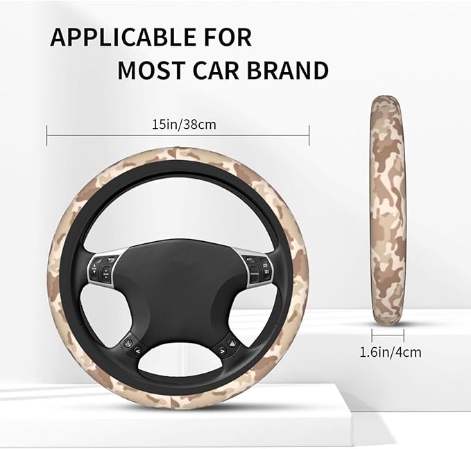 Brown Camo Steering Wheel Cover - Camouflage Steering Wheel Cover Anti-Slip Breathable Universal for 15 Inch Car with 2 Pieces Car Coasters Suitable for Men Women