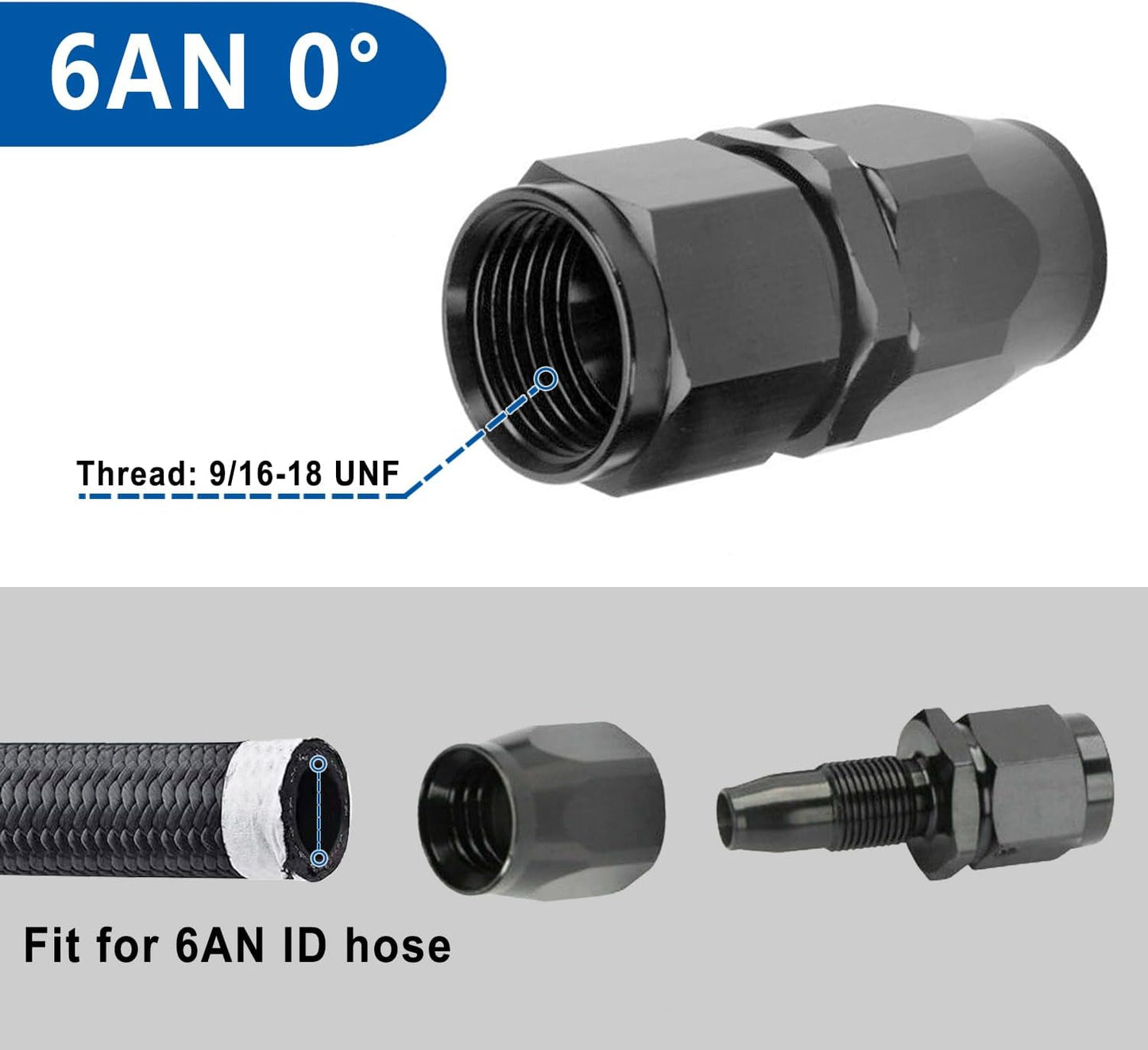 LokoCar 6AN Hose End Fitting 0 Degree Straight Swivel For CPE Braided Hose Black 2Pcs