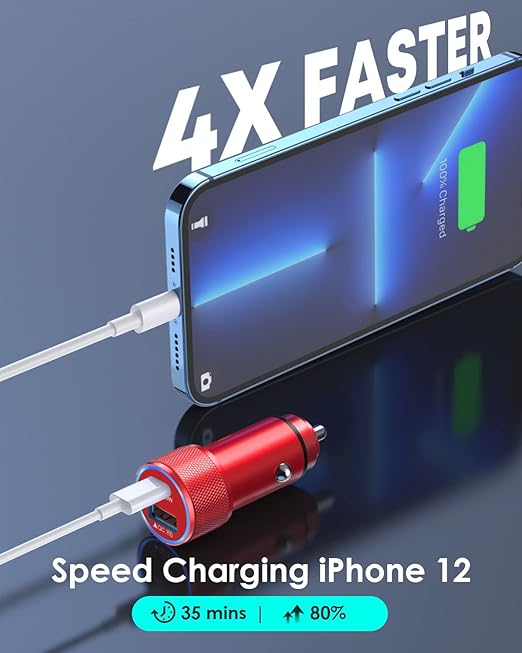 iPhone 14 Car Charger,【Apple MFi Certified】2Port 38W Fast USB C Car Charger Adapter Quick Charge Dual Port Metal Cigarette Lighter with 2Pack Lightning Cable for iPhone 14 13Pro Max Mini/12/11,AirPods