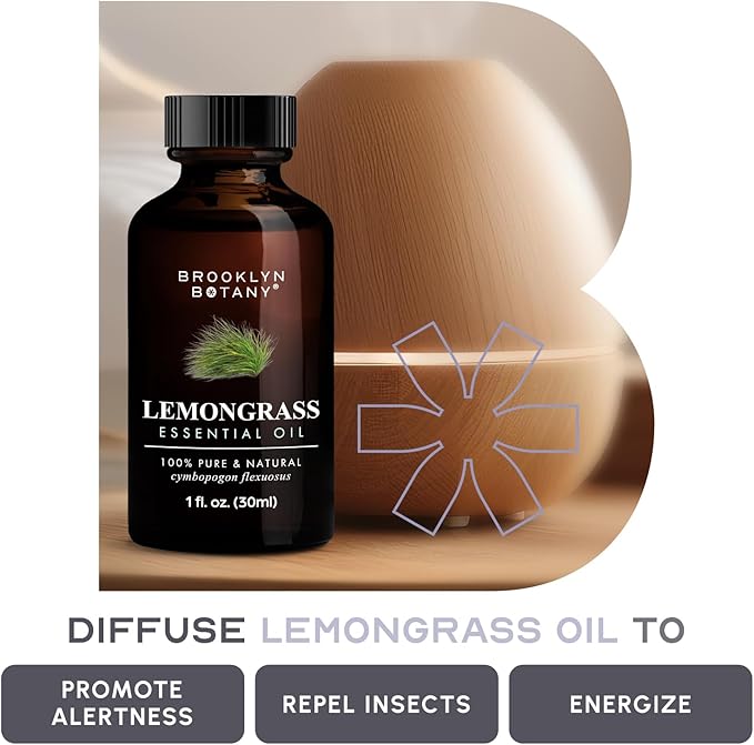 Brooklyn Botany Lemongrass Essential Oil - 100% Pure and Natural - Premium Grade Oil with Dropper - for Aromatherapy and Diffuser - 1 Fl Oz