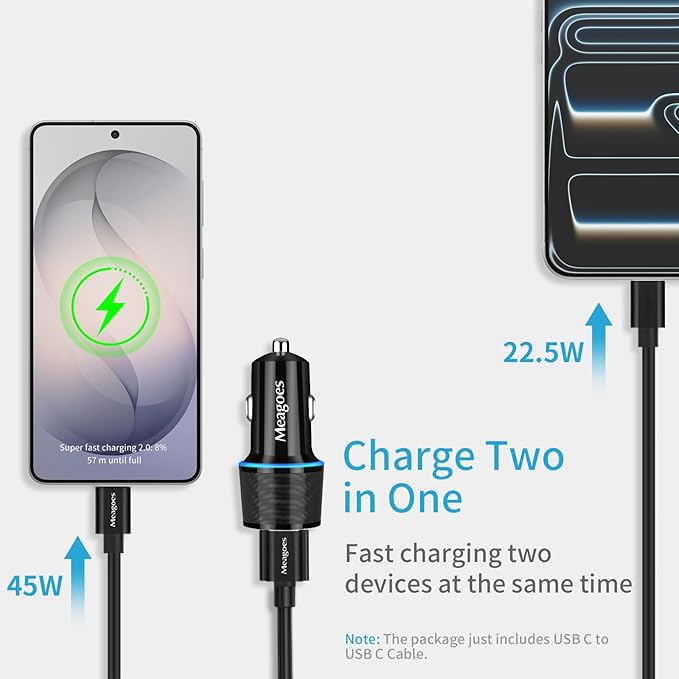 67.5W Car Charger USB C Super Fast Charging, 45W USBC & QC3.0 Port Plug for iPhone 17 Pro Max/Air/16/15/iPad, Samsung S26 Android Cell Phone, Dual 12V Cigarette Lighter Adapter + 6.6 ft Type C Cable