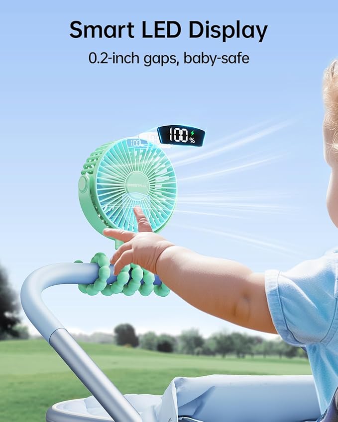SWEETFULL Portable Stroller Fan with LED Display, 4 Speed Rechargeable Mini Clip On Fan, 360° Rotate Flexible Tripod Better Cooling Small Baby Fan for Car Seat Crib Travel Bike Treadmill (Green)