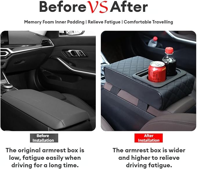 Center Console Cover Car Armrest Box Pad Leather Arm Rest Cushion with Cup Holder Mobile Phone Storage Armrest Protection Pad for Car (Pure Black, 13.58 * 8.07 * 2.95 inch)