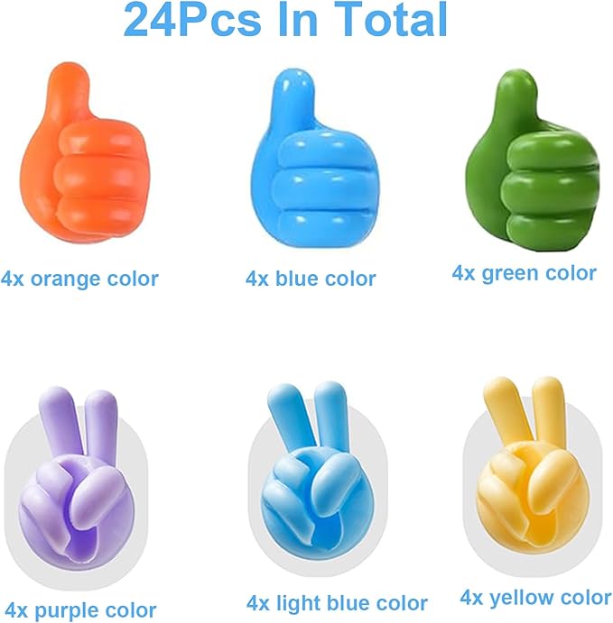 24Pcs Silicone Cord Holders, Thumbs Up Wall Hook for Keys Cord Organizer, Self Adhesive Cable Clips Hooks, Cool Office Gadgets for Desk Stuff