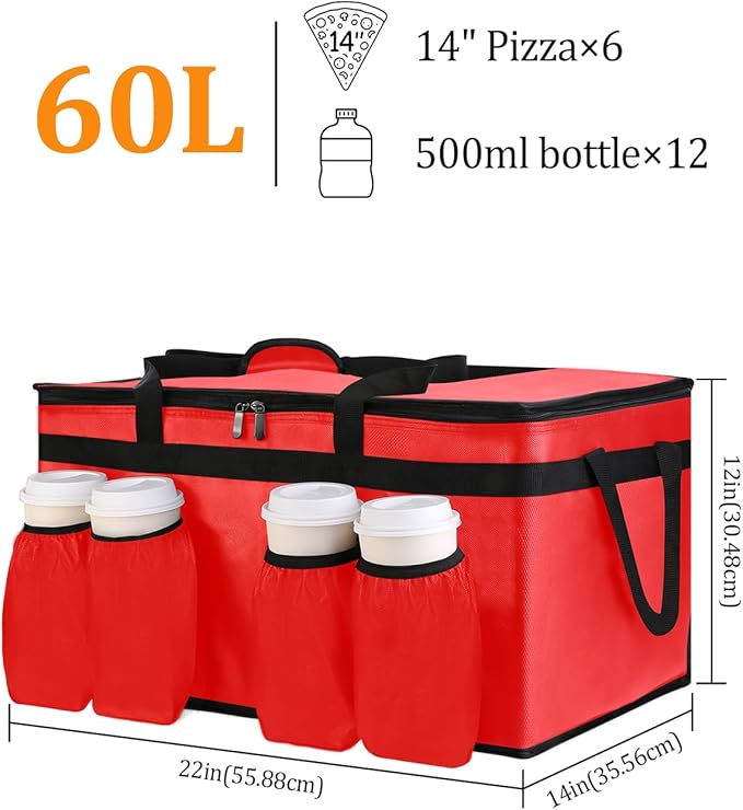Bodaon Insulated Grocery Bags with 4 Cup Holders -Insulated Bags for Food Delivery with Zippered Top, Food Carrier for Catering, Pizza Bag and Cooler Bag for Takeout, Picnic, Shopping, Car Use