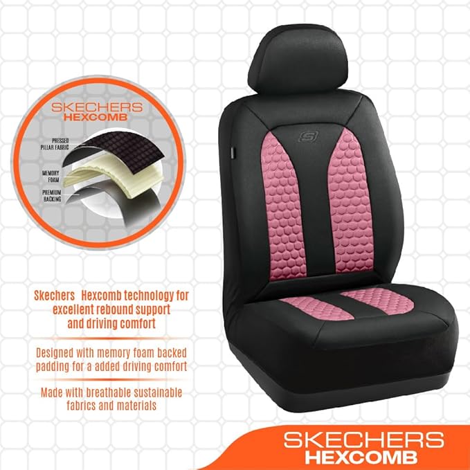 Skechers Memory Foam™ Car Seat Cover Full Sets, Hexcomb Breathable Thick Seat Covers, Airbag Compatible, Automotive Comfort & Protection for Most Cars,Van,Trucks, SUVs (Pink,Full Set)