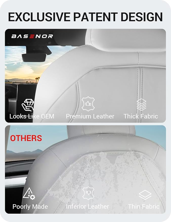 BASENOR 2026 Tesla Model Y(Juniper)/3/S/X Leather Seat Back Kick Protector, Backseat Mats for Kids (Extra Organizer Pocket) Waterproof Scratchproof Resistant Protection White (Set of 2)