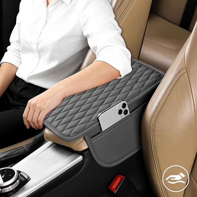 Car Armrest Cushion Pad, Leather Vehicle Center Console Cover with 2 Storage Bags, Non-Slip Automotive Interior Arm Rest Seat Box Cover Accessories, Universal for SUV RV Sedan (Silver Gray)