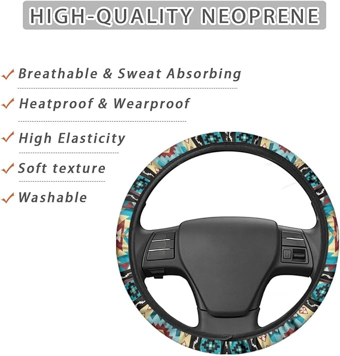 SEANATIVE Universal 15 inch Auto Car Steering Wheel Cover Aztec Turquoise Print Neoprene Car Steering Wheel Protector Cover fit Most Van Truck SUV