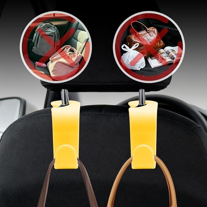 4PCS Car Seat Headrest Hooks, Purse Hook for Car, Auto Back Seat Organizer Storage Hanger Holder, Auto Accessories Multi-Use Portable Headrest Organizer Holder for Purse Handbag Coats (Yellow)