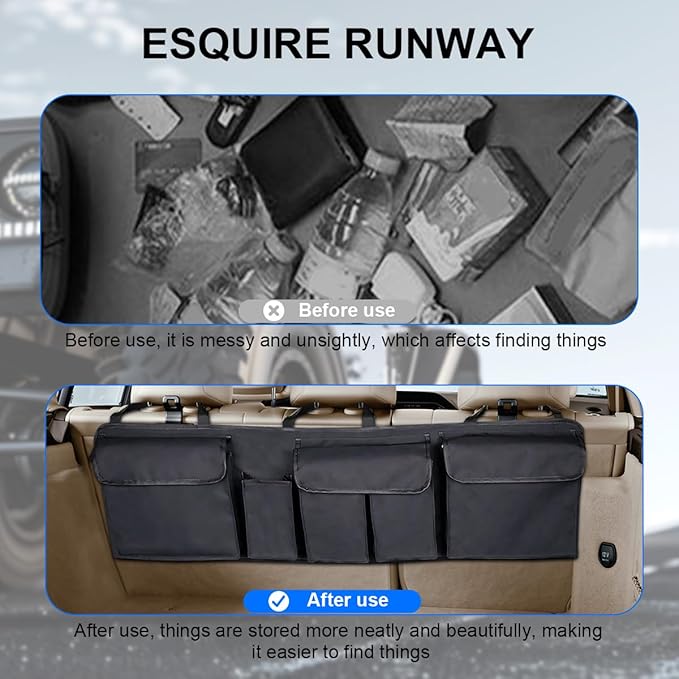 Car Trunk Organizer, Foldable Vehicle Backseat Hanging Organizer with 5 Large Compartments, Space Saving Waterproof Automotive Interior Seat Back Storage Bag, Universal Fit