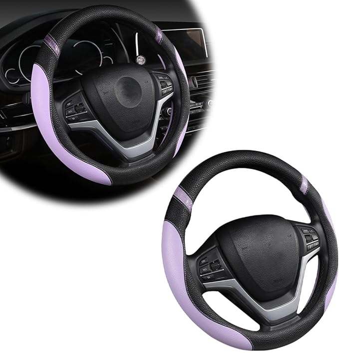 Car Steering Wheel Cover, Non-Slip Leather Auto Steering Wheel Protector, Comfortable Steering Wheel Cover Protector for Most Cars, Universal Interior Car Accessories (Purple)
