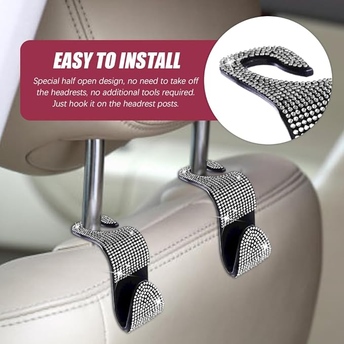 2 Pack Car Seat Headrest Hook, Bling Car Hooks Front Seat, Back Seat Organizer Hanger Storage Hook Car Purse Hook for Bags, Clothes, Coats, Grocery Bags (White)
