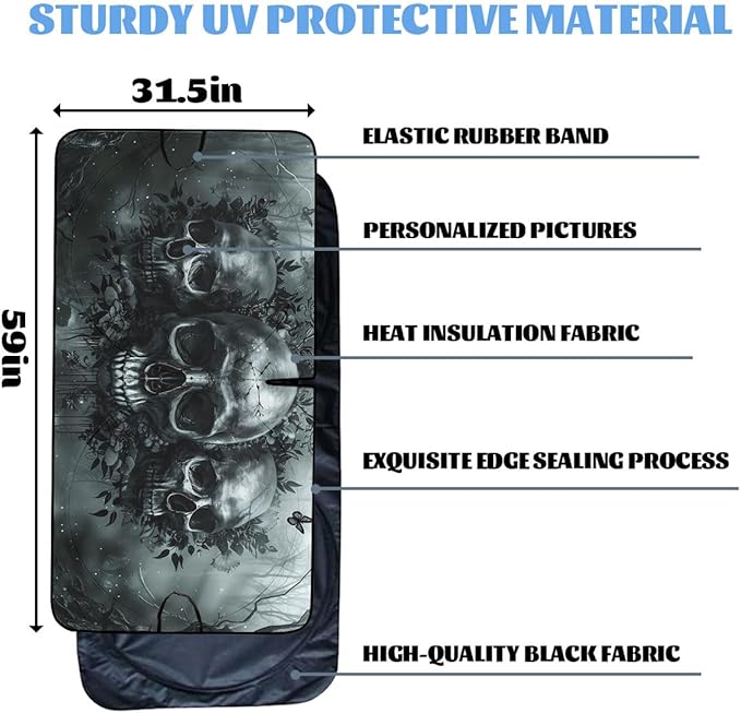 Skull Car Windshield Sun Shade Skeleton Black Forest Art Heatshield Front Window Car Sun Shade Windshield Blocks UV Rays Sun Visor Protector for Car Sedan Truck SUV Accessories 59x31.5 Inch