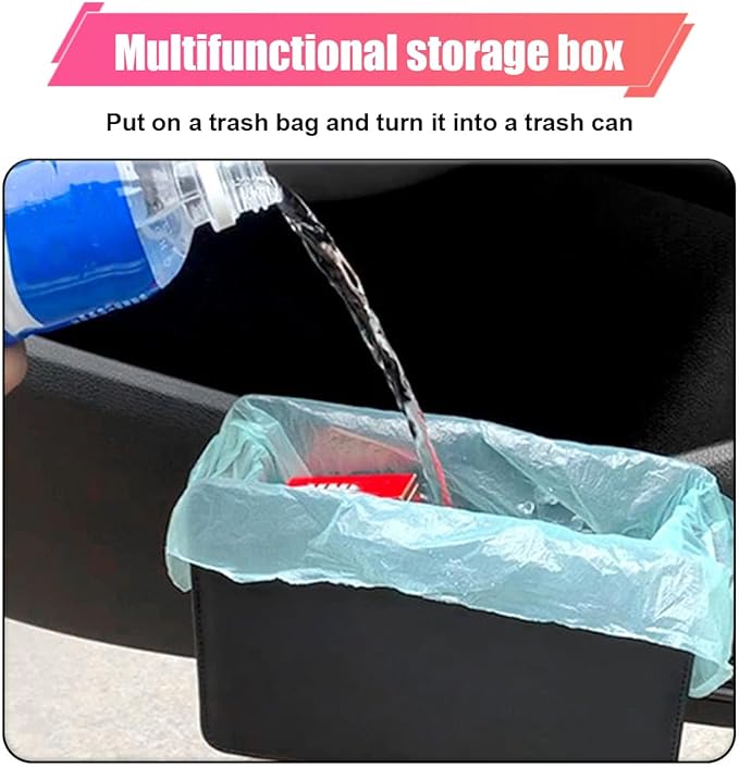 Car Trash Can, Leather Car Garbage Can with One Roll Trash Bag, Foldable Hanging Storage Container, Mini Trash Bin, Vehicle Garbage Organizer Holder for Door Side, Back Seat (Black)