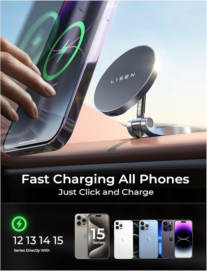 LISEN for Magsafe Car Charger, 15W Ultra Magnetic Car Phone Holder, for Magsafe Car Mount Charger Metal Dashboard Cell Phone Car Mount for iPhone 16 15 14 13 12Pro Max Plus