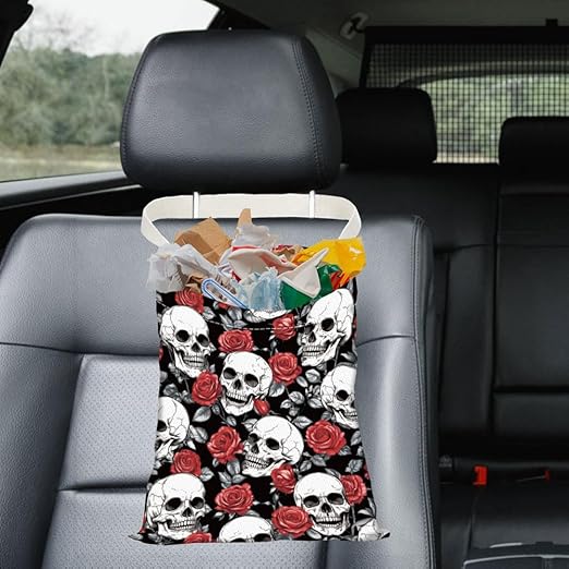 Skull Rose Print Car Trash Bag Hanging Garbage Bag with Snap Buttons Car-Back Seat Trash Storage Portable Dustbin for Car Interior Accessories Travel Camping