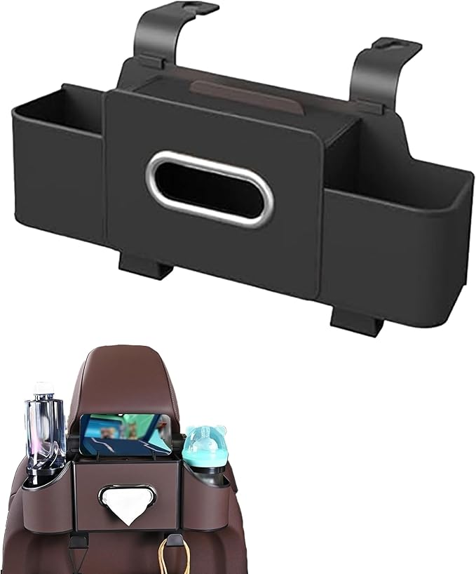 Car Organizers and Storage Box, Multifunctional Car Organizer and Storage Box Back Seat, 3-in-1 Holder Tissue Dispenser, Phone Stand for Snacks, Drinks, Bag Hook, Keep Tidy & Organized (Black)