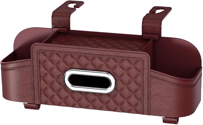 Car Backseat Organizer, 4-in-1 Multifunctional Vehicle Seat Back Tissue Box with Cup Holder & Hook, Auto Backseat Hanging Storage Box for Bag Phone Drink, Universal for Vehicles (Wine Red)