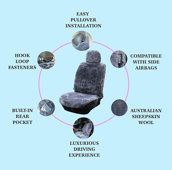 Genuine Sheepskin Seat Cover Lambskin Seat Cover Winter Car Seat Cover Lambs Wool Sheep Skin Fuzzy Shearling Car Accessories with Curve Patten (Gray with bit of Bluish Tint)