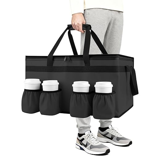 CIVJET Insulated Food Delivery Bag with 4 Cup Holders, XX-Large Insulated Grocery Bags Keep Food Hot/Cold, Cooler Bags with Drink Carrier, Food Carrier Catering Bag, Commercial Food Warmers, Black