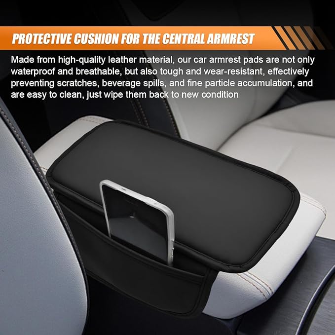 Car Center Console Cover, Leather Waterproof Auto Arm Rest Pad with Storage Bag, Scratch Resistant Middle Console Protector, Comfortable Vehicle Interior Accessories for Sedan SUV (Black)