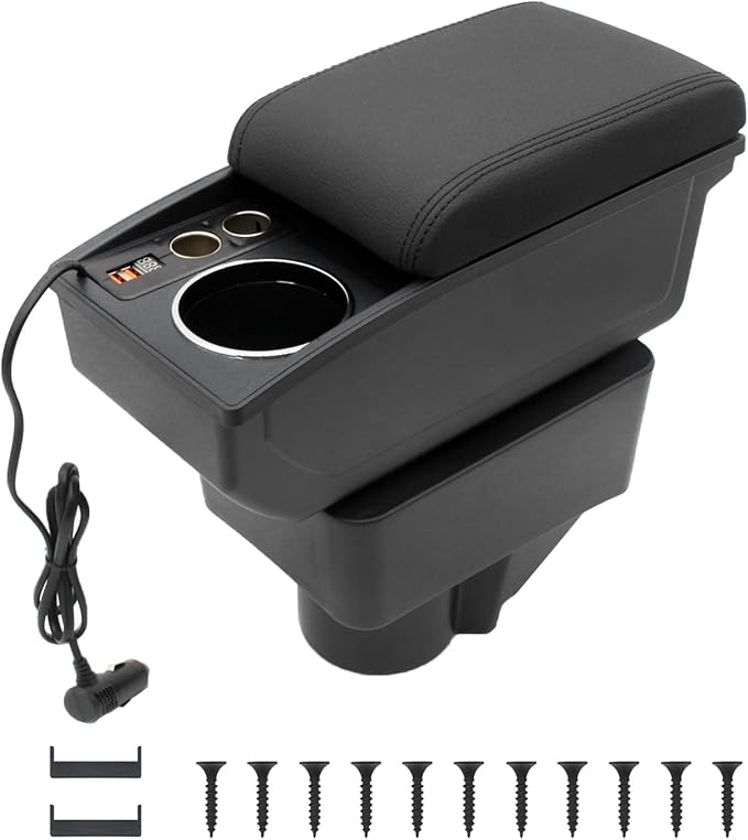 YJYWZH Car Armrest Box Fit for Ford Fiesta 3 2011-2019 MK7 Accessories Center Console Cup Holder Double Layer Storage Organizer Box with 2 USB Fast Charging Ports, Black Stitches