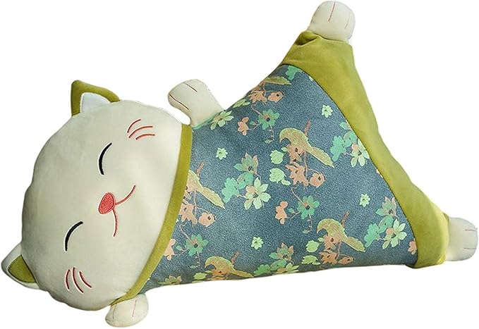 Lucky Cat Pillow Seat Cushion Detachable Belt Waist Cushion Lumbar Support Cushion for Car, Green