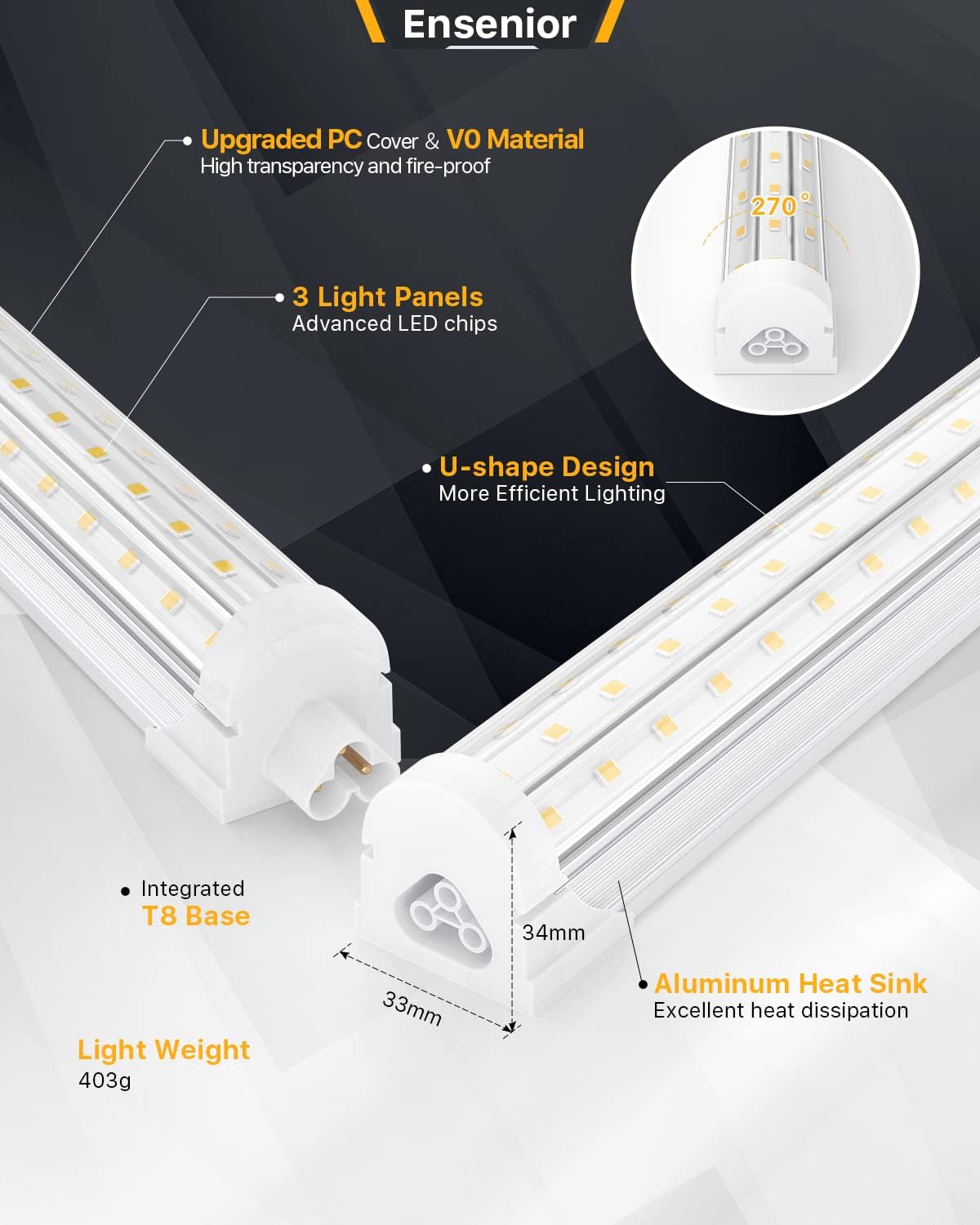 Ensenior 6 Pack 8 FT Led Shop Lights, 5000K Daylight, 10000LM Super Bright, 72W Equivalency 936W, Commercial Bay Lighting, U-Shaped Linkable Shop Lights Plug in for Garage, Workshop, FCC Certified