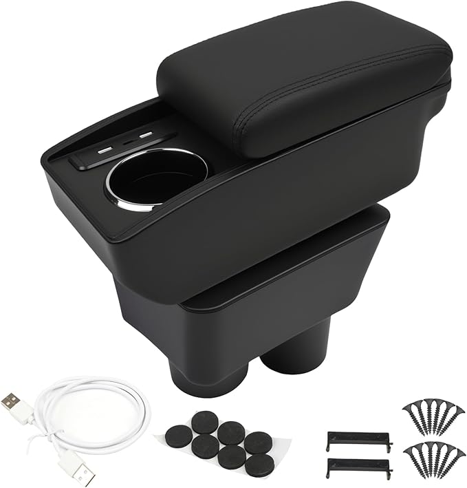 Car Armrest Storage Box Compatible with Nissan Almera Versa 2012-2019 Double Layer with 6 Ports and Cup Holder Car Interior Accessories Black Thread