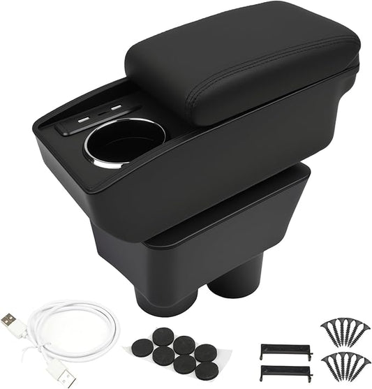 Car Armrest Storage Box Compatible with Nissan Almera Versa 2012-2019 Double Layer with 6 Ports and Cup Holder Car Interior Accessories Black Thread