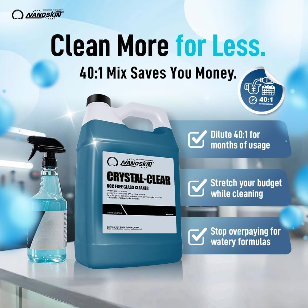 Nanoskin CRYSTAL-CLEAR VOC-Free Glass Cleaner, 32 Oz. Pack (2x16 Oz) - Advanced Eco-Safe, Streak-Free Shine, Multi-Surface Cleaning Solution | For Auto, Home, Office, & Commercial Use | 40:1 Dilution
