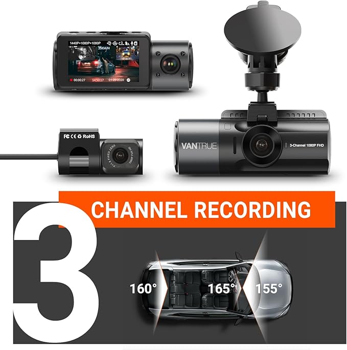 VANTRUE N4 3 Channel Dash Cam, 4K+1080P Dual Channel, 1440P+1440P+1080P Front Inside Rear Three Way Triple Car Dash Camera, IR Night Vision, Capacitor, 24 Hours Parking Mode (Renewed)