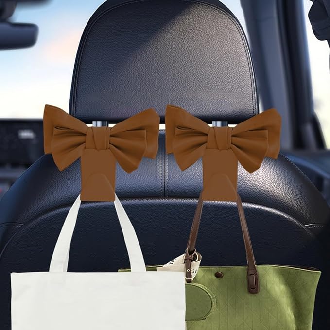 2PCS Car Purse Hooks, Car Hooks for Purses and Bags Cute, Cute Bow Shaped Vehicle Backseat Storage Hanger, Auto Leather Bow Back Seat Storage Hanging Holder Universal for Women Girls (Brown)