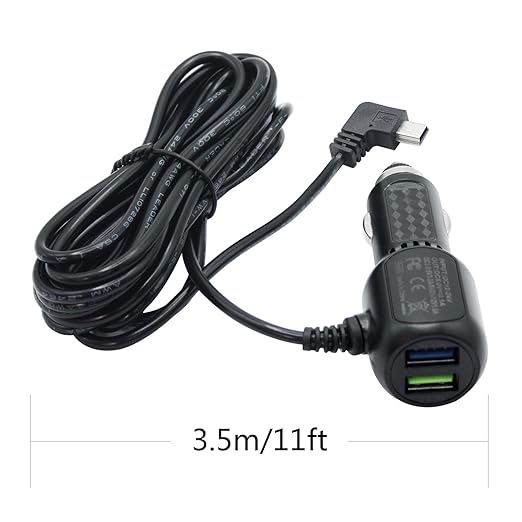 Dash Cam Mini USB Power Cable, Left Angle 90 Degree Mini USB with Dual USB Port Fast Power Supply, for 12V-24V Car and Truck Dash Cam, GPS Navigator, MP3 Player and Other USB Devices