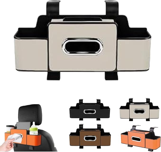 3-in-1 Car Backseat Organizer with Dual Cup Holders, Seat Back Storage Box, Built-in Tissue Holder, Adjustable Universal Design for Neat and Practical Car Interior Storage (White)