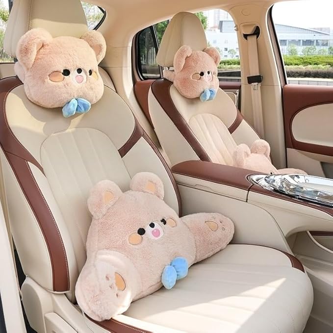 Cute Plush Bear Car Headrest & Lumbar Support Set, Soft Neck & Back Support Pillow for Comfortable Driving All Season