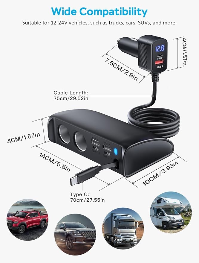 OOWOLF Retractable Cigarette Lighter Charger, 148W Car Charger Adapter 6 USB Ports, USB QC3.0 + PD3.0 Fast Charging, 70cm USB-C Charging Cable, Car Accessories, Compatible with 12/24V Vehicles