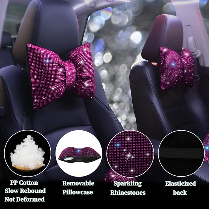 Crystal Seat Head-Rest Pillow Bow Tie Car Neck Headrest Cushion Bling Bling Rhinestones Diamond for Car Girls and Women Neck Support Interior Bling Accessories Purple 2Pcs